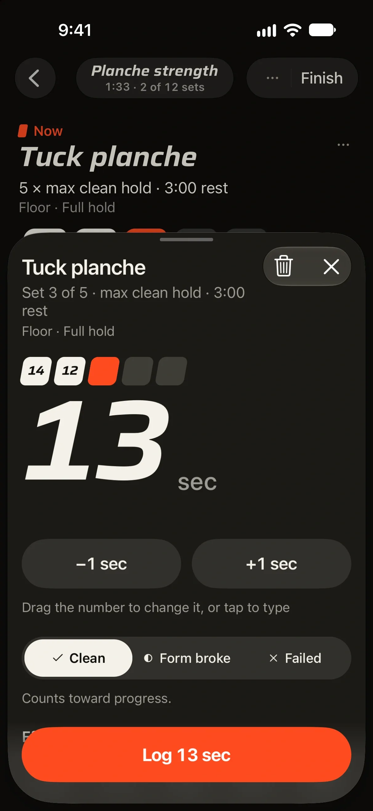 Strict's log sheet for set 3 of Tuck planche: 13 sec, one more than set 2, above a Log 13 sec button.