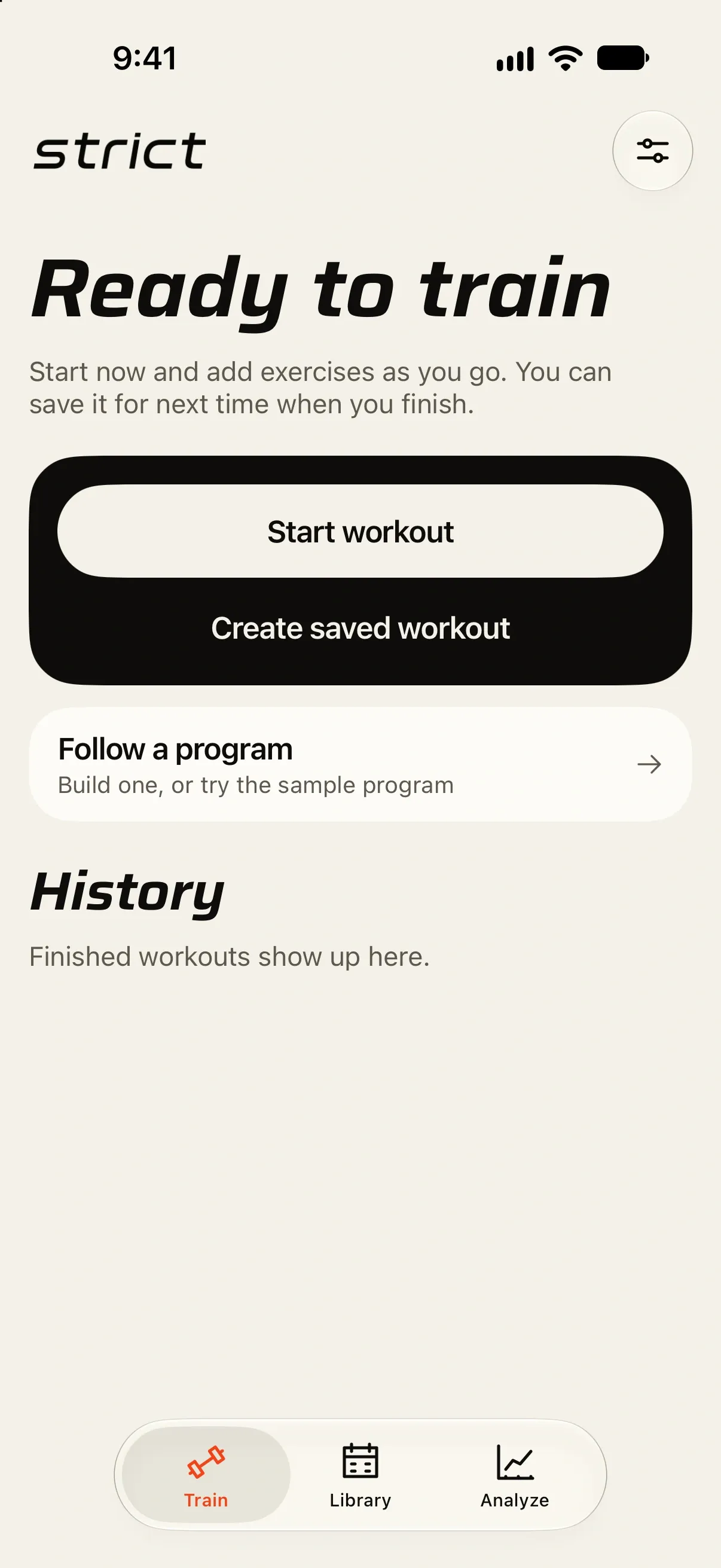 Strict's Train screen before any program: Ready to train.